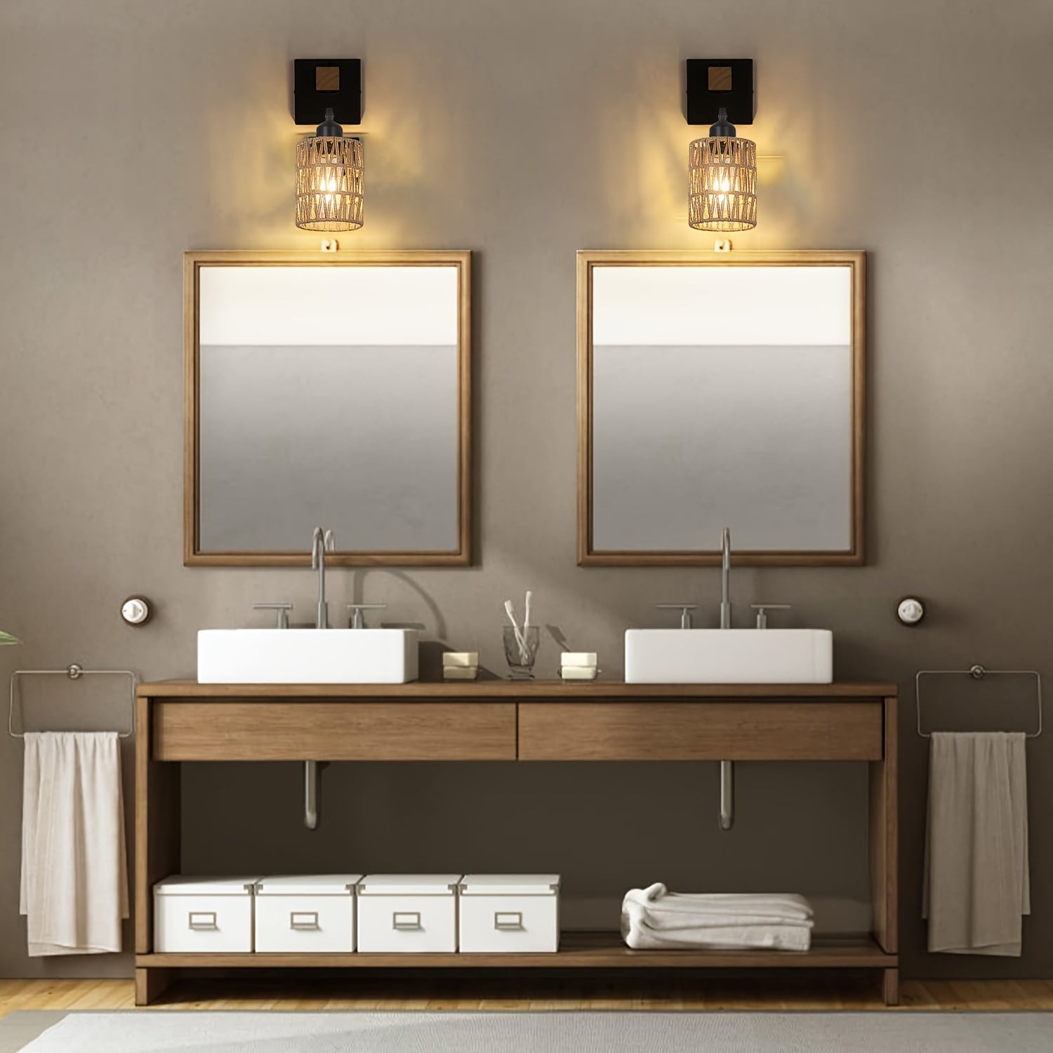 Farmhouse Wall Sconce - Rattan & Wood Wall Light for Bathroom & Bedroom