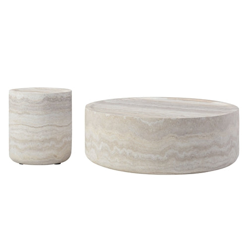 Faux Marble Coffee Table Set of 2 - Round MARS Pattern Side Tables for Living Room
