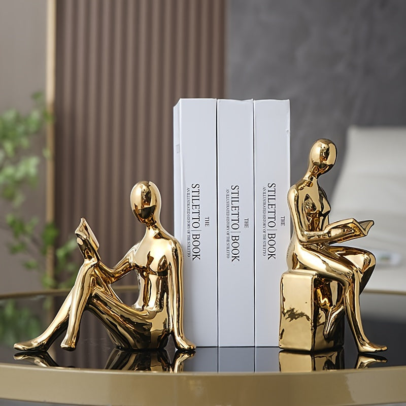 Abstract Figurine Bookends - Gold-Tone Ceramic Decorative Bookends