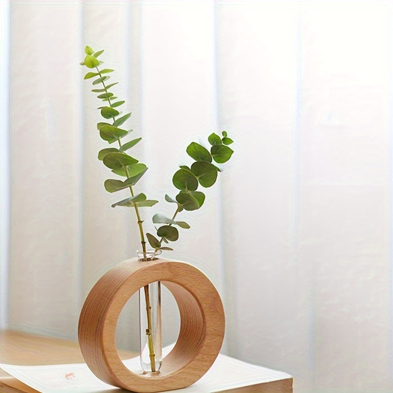 Glass Vase with Wood Base - Modern Hydroponic Planter for Home Decor