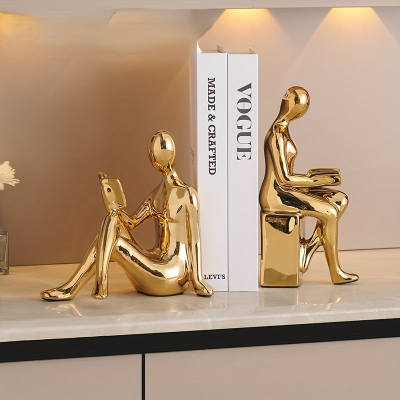 Abstract Figurine Bookends - Gold-Tone Ceramic Decorative Bookends