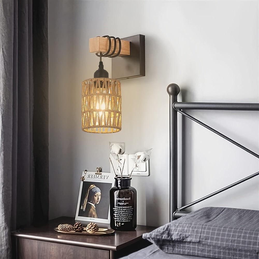 Farmhouse Wall Sconce - Rattan & Wood Wall Light for Bathroom & Bedroom