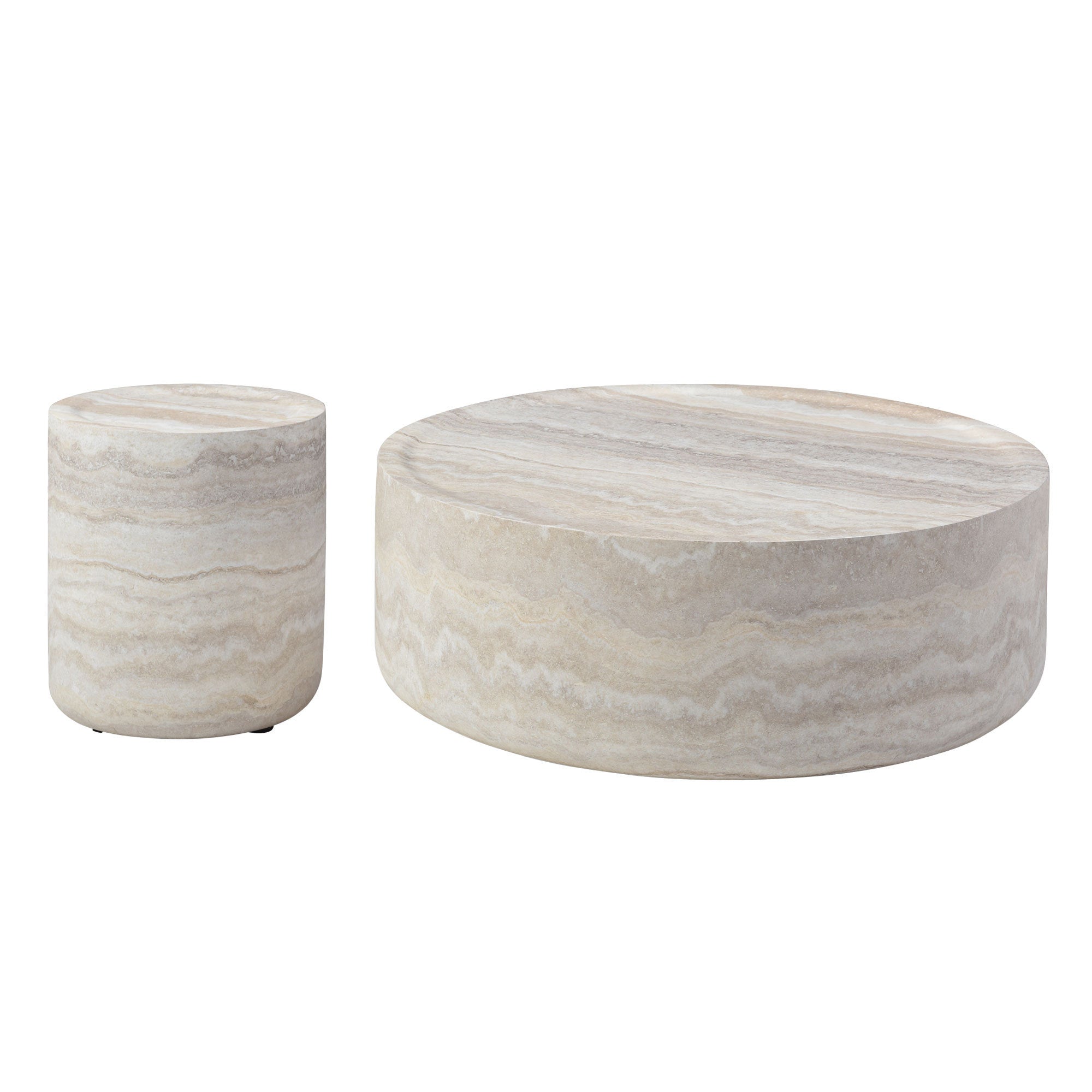 Faux Marble Coffee Table Set of 2 - Round MARS Pattern Side Tables for Living Room
