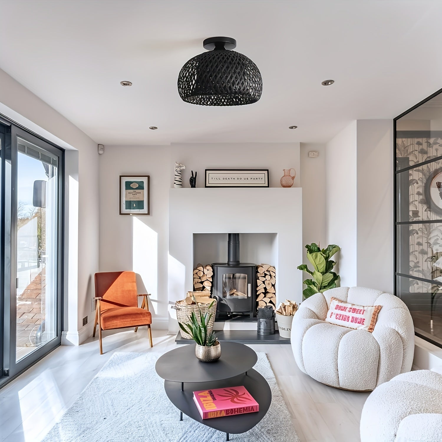 Woven Rattan Chandelier - Black Boho Dome Light Fixture for Dining Room