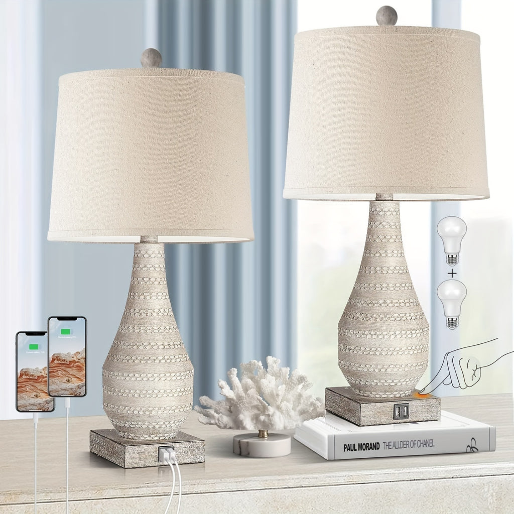 Touch Table Lamps Set of 2 - Dimmable Bedside Lamps with USB Ports