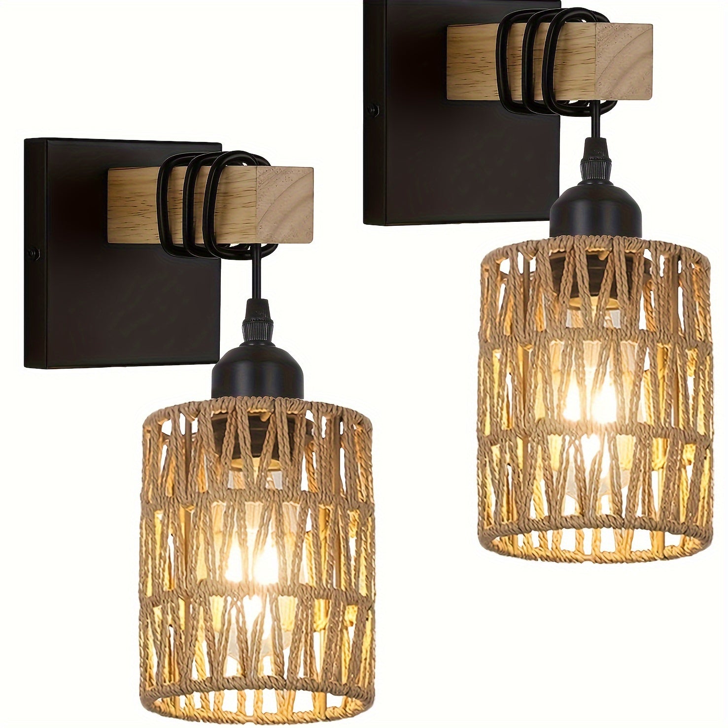 Farmhouse Wall Sconce - Rattan & Wood Wall Light for Bathroom & Bedroom