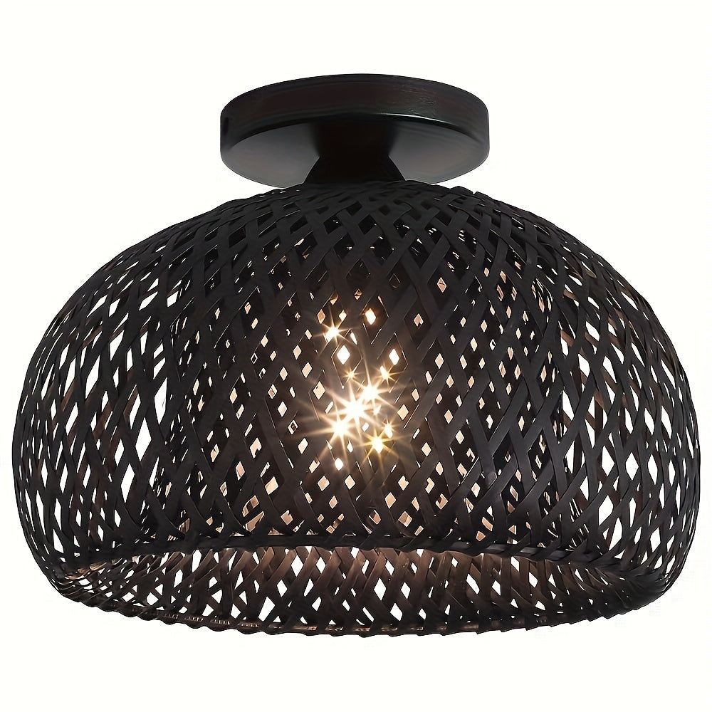 Woven Rattan Chandelier - Black Boho Dome Light Fixture for Dining Room