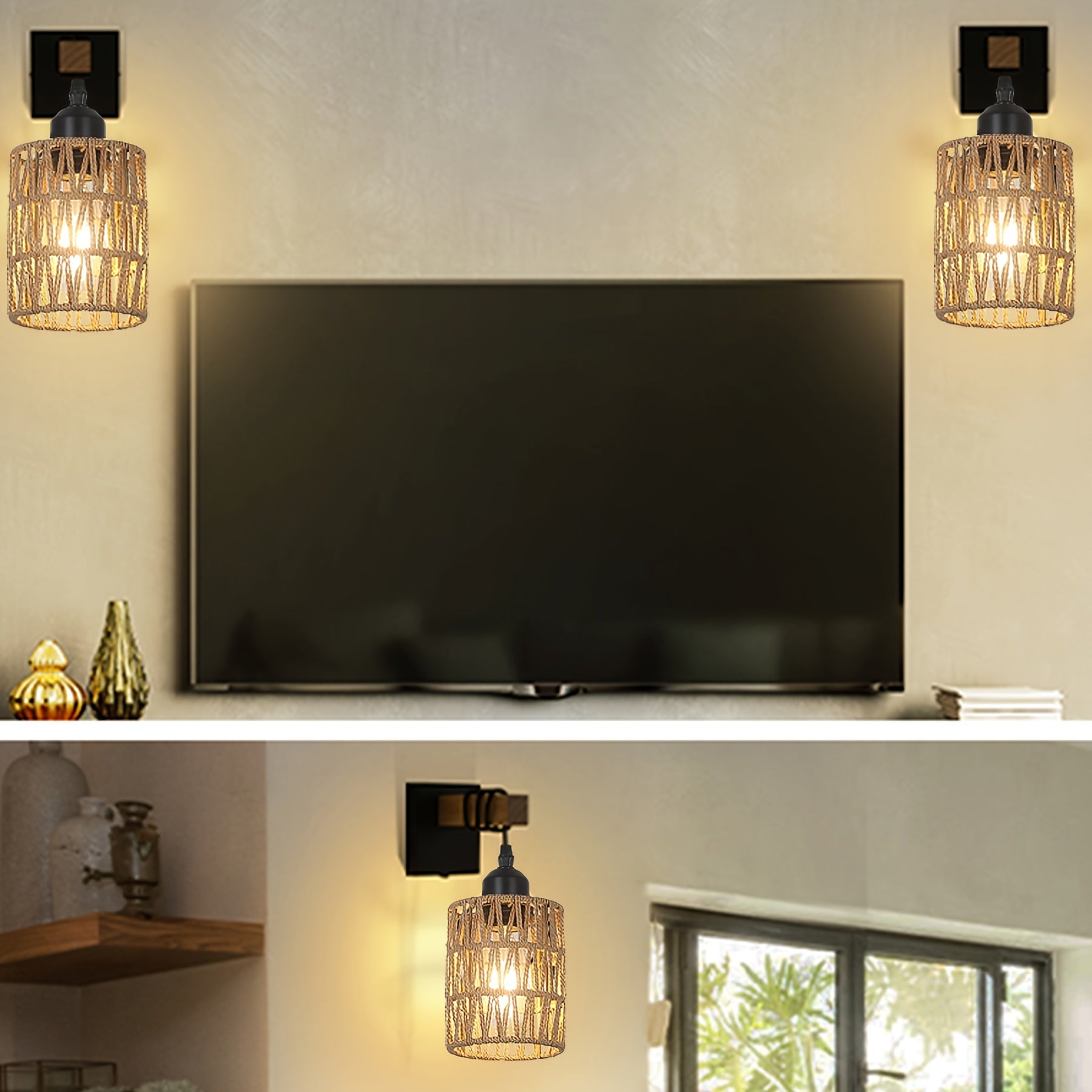 Farmhouse Wall Sconce - Rattan & Wood Wall Light for Bathroom & Bedroom