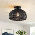 Woven Rattan Chandelier - Black Boho Dome Light Fixture for Dining Room