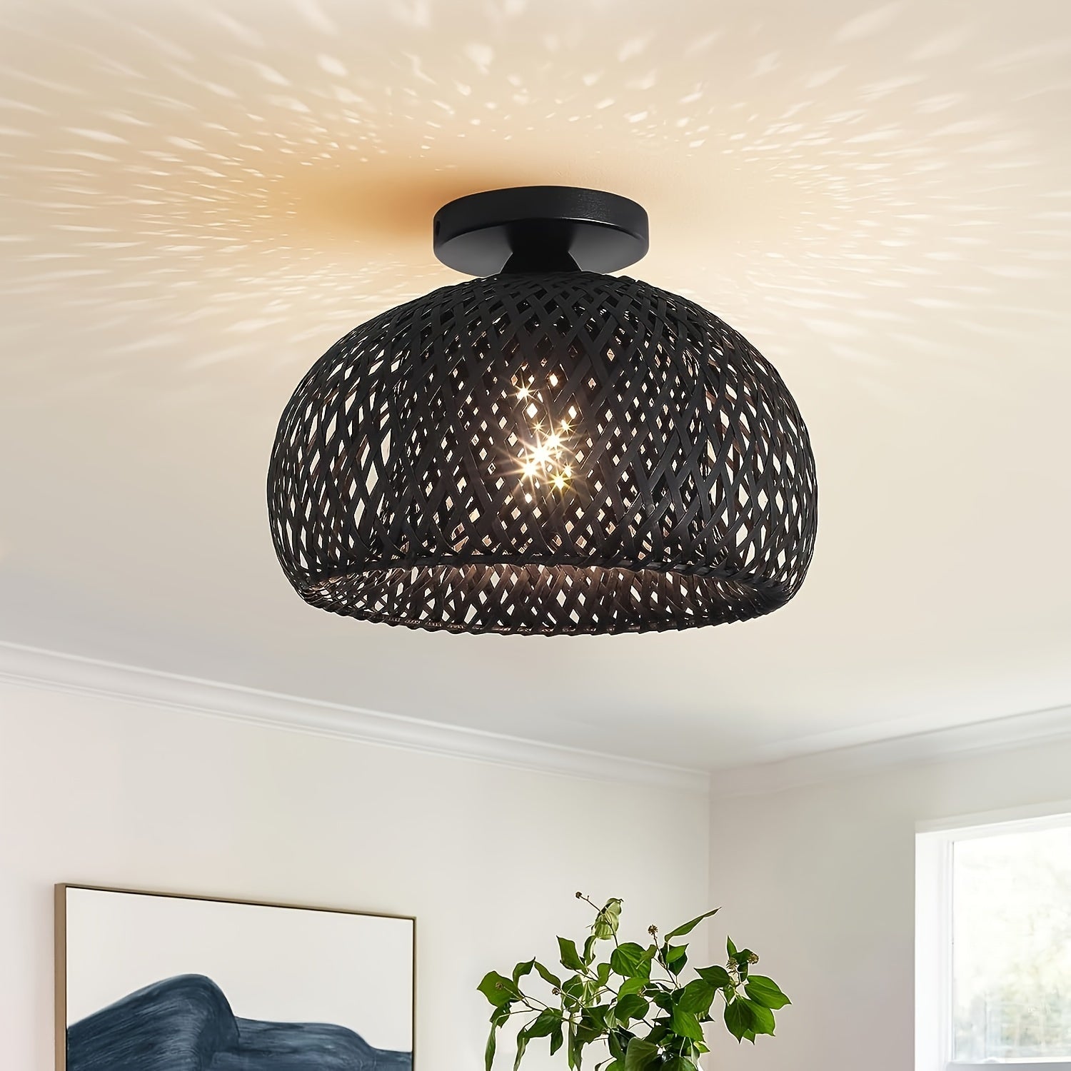 Woven Rattan Chandelier - Black Boho Dome Light Fixture for Dining Room