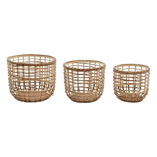 Aluminum & Natural Fiber Basket Set of 3 | Decorative Storage Organizer