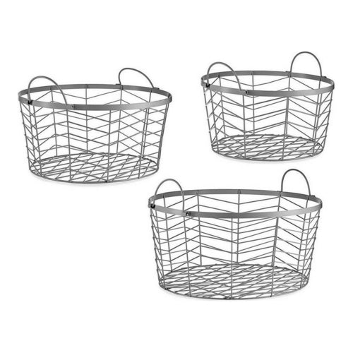 Silver Metal Storage Basket Set of 3 | Modern Wire Organizer 40x18x40cm