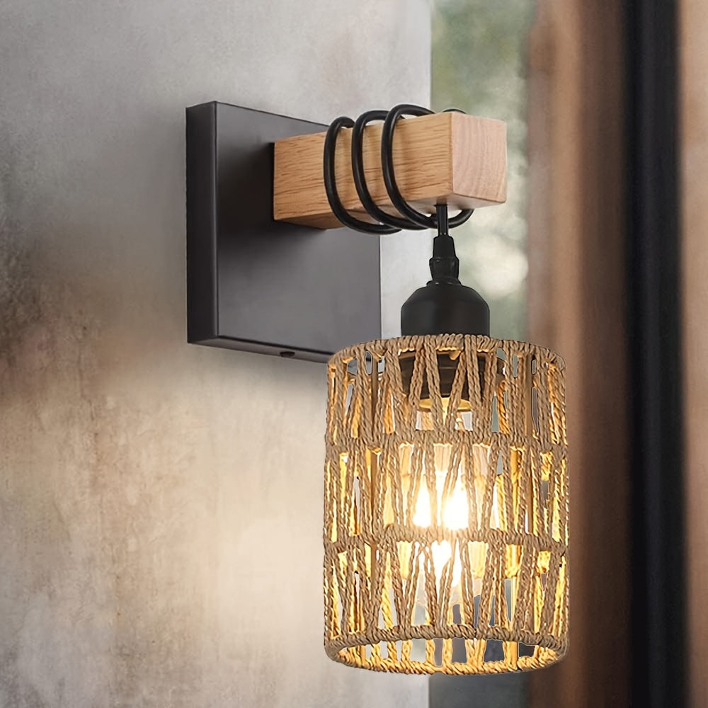 Farmhouse Wall Sconce - Rattan & Wood Wall Light for Bathroom & Bedroom