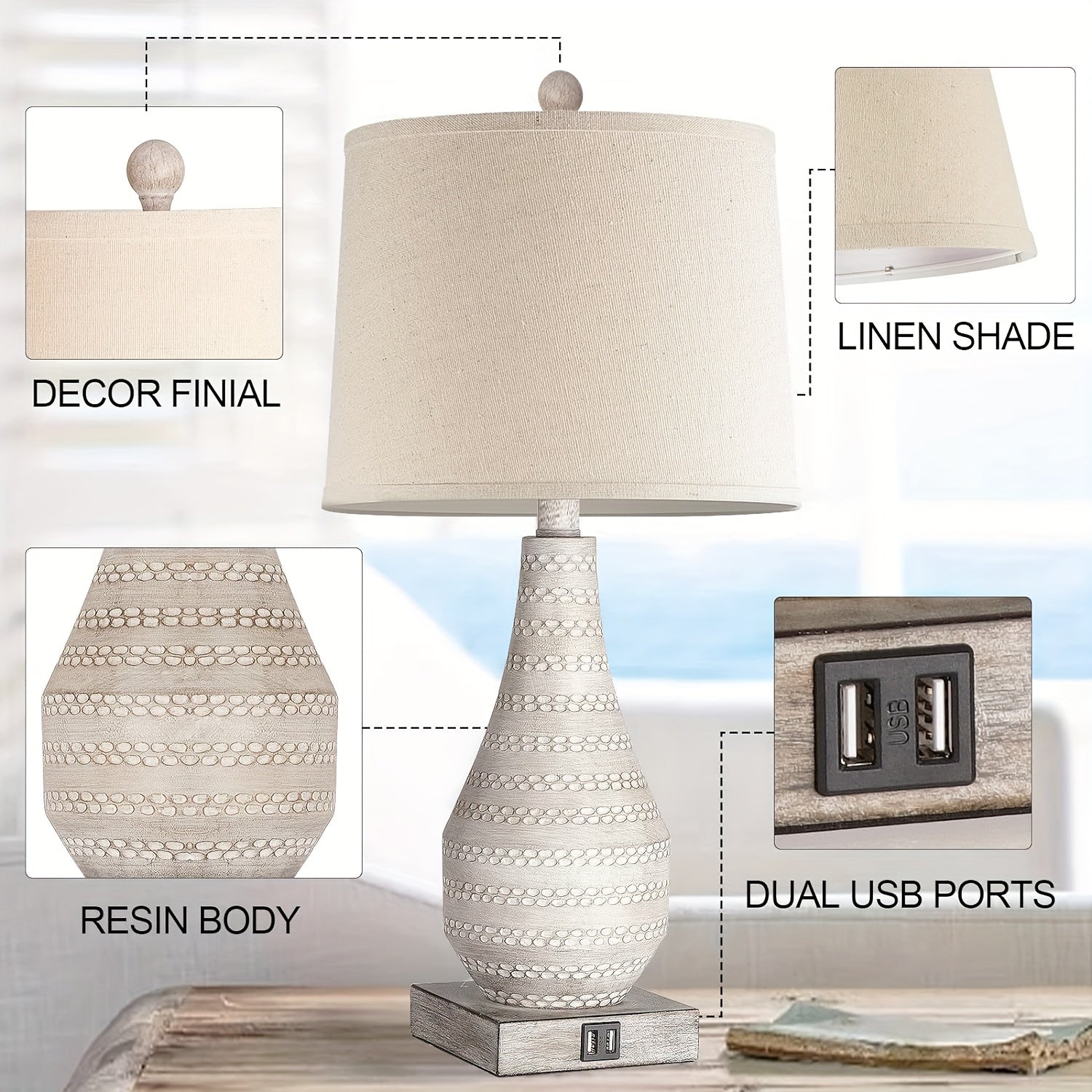 Touch Table Lamps Set of 2 - Dimmable Bedside Lamps with USB Ports