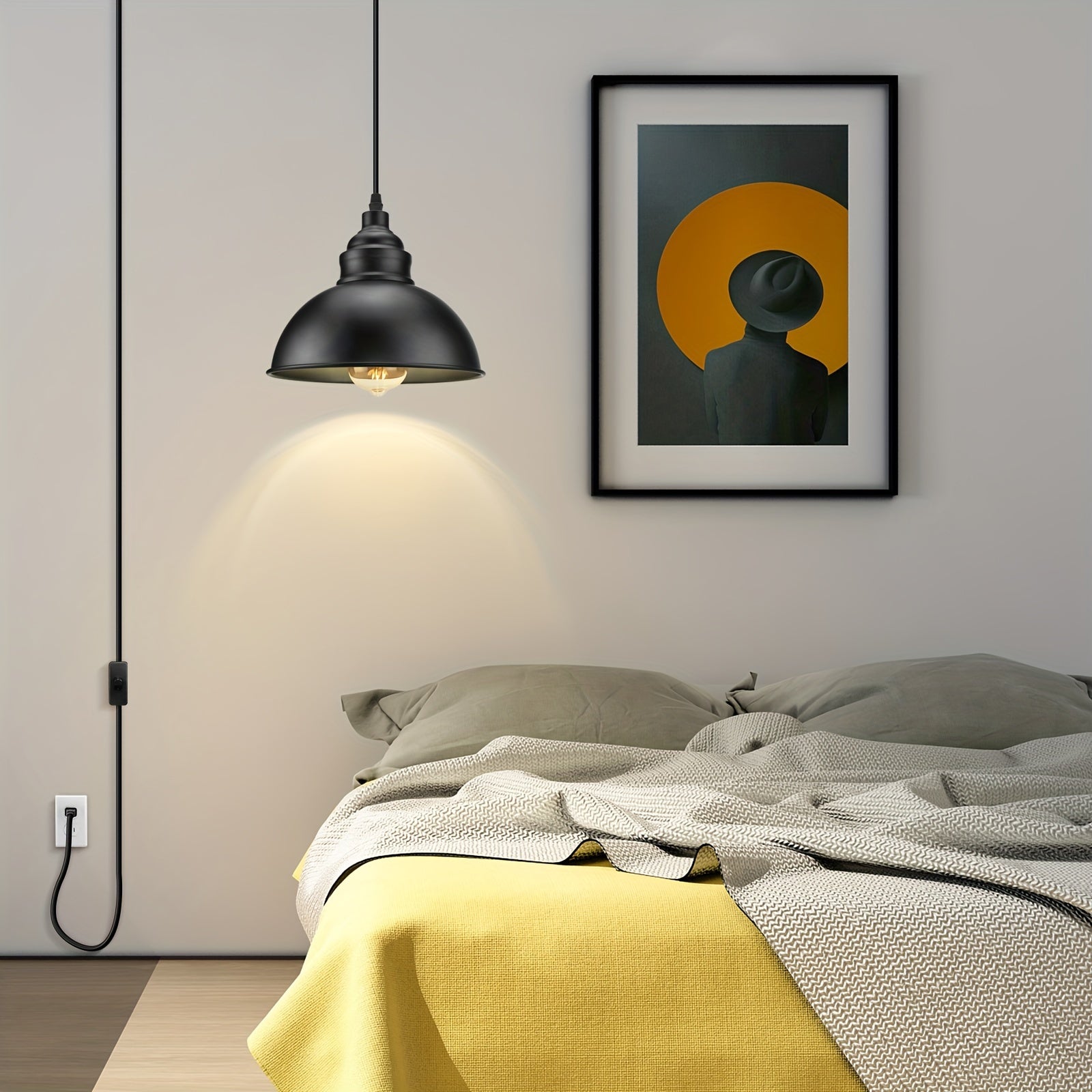 Industrial Pendant Light with Plug in Cord - 15ft Metal Hanging Lamp with Switch