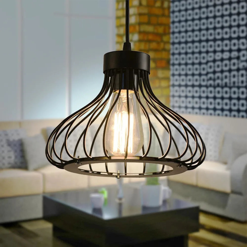 Vintage Industrial Pendant Light - Black Metal Cage Lamp Shade