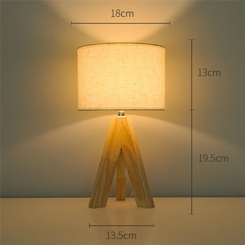 Tripod Table Lamp - Modern Wooden Bedside Lamp with Linen Shade