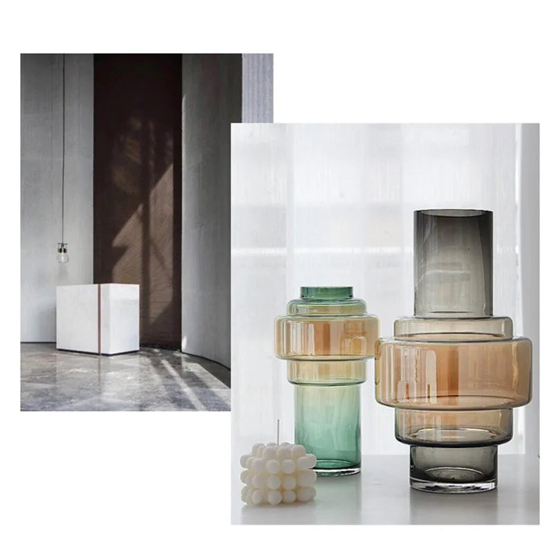 Gradient Geometric Glass Vase - Modern Minimalist Flower Vase for Living Room