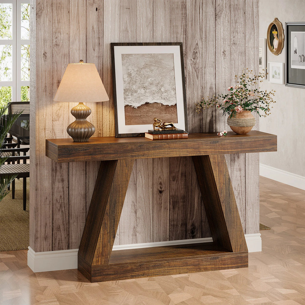 Rustic Console Table - 55" Industrial Wooden Entryway Table with Storage Shelves
