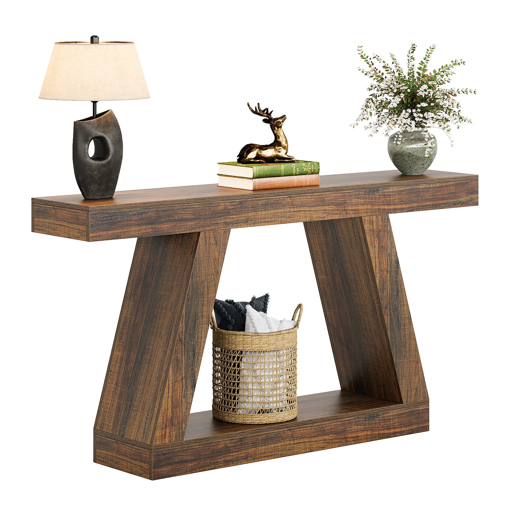 Rustic Console Table - 55" Industrial Wooden Entryway Table with Storage Shelves