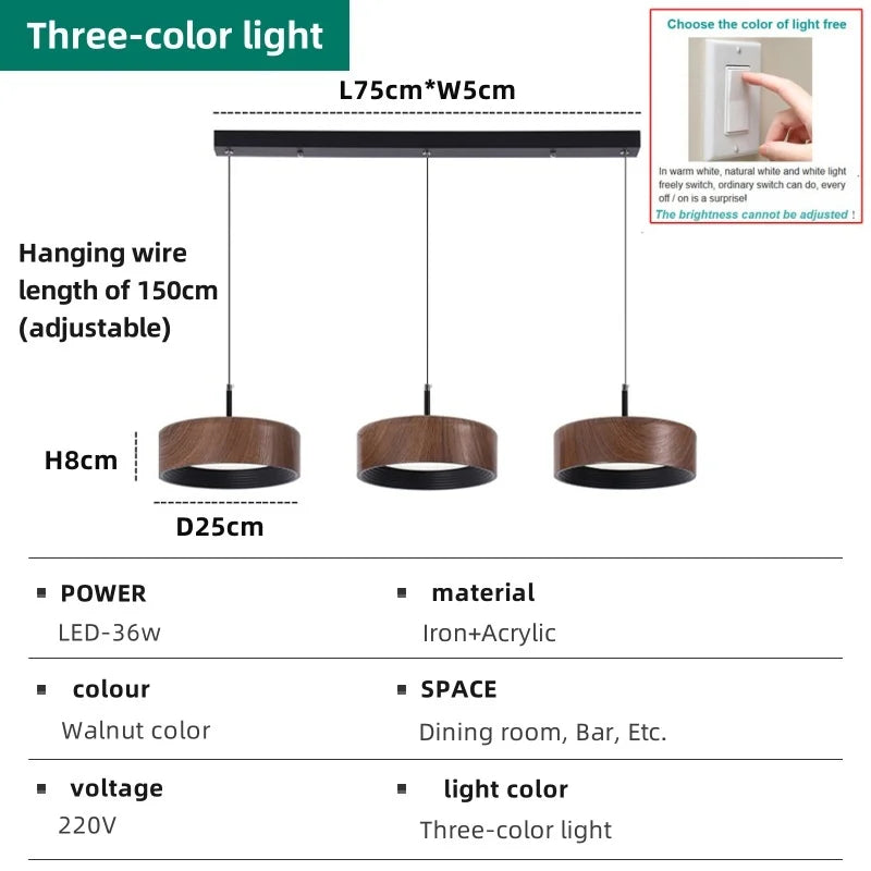 Nordic LED Pendant Light | Walnut Wood Grain Linear Chandelier