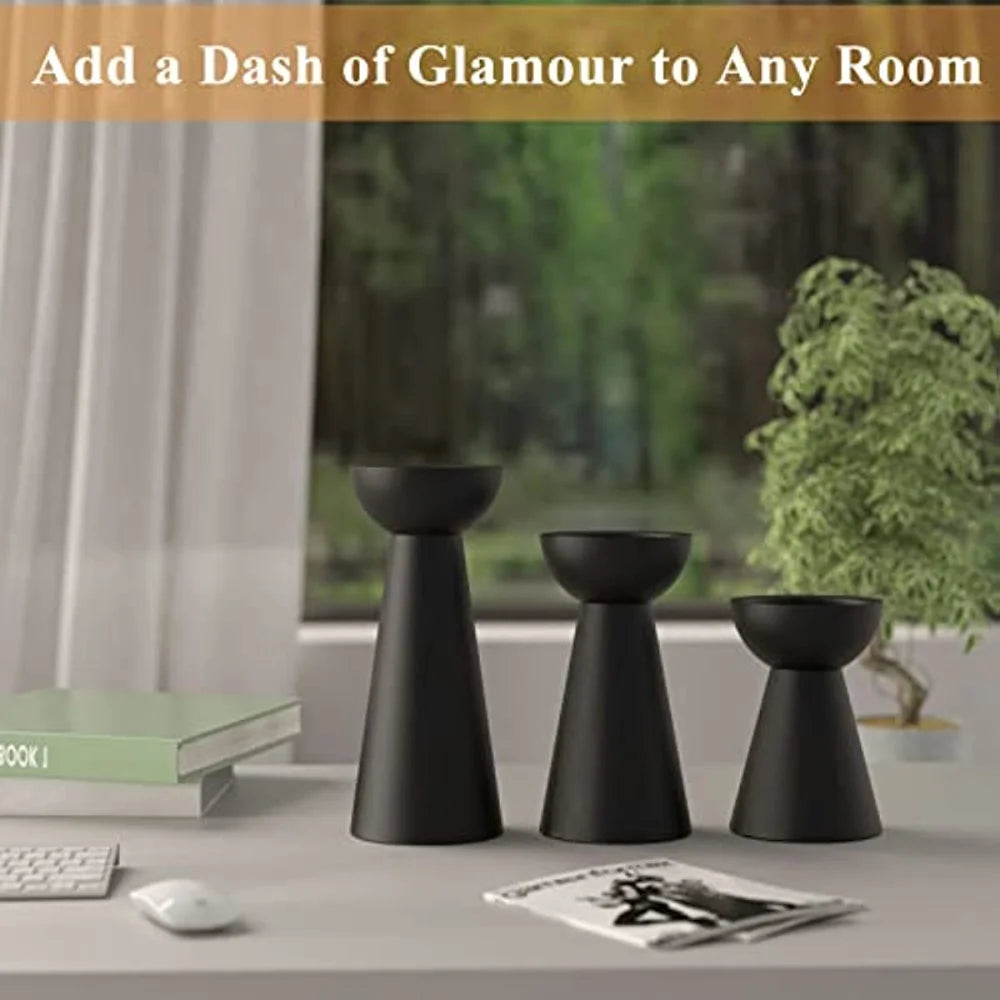 Matte Black Candle Holders Set of 3 - Metal Round Candle Stands