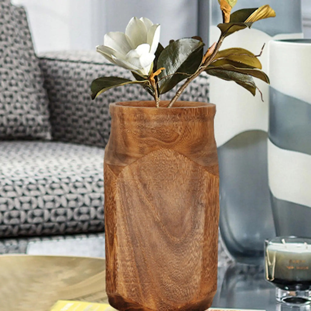 Farmhouse Wooden Vase - Natural Wood Decorative Vase for Living Room & Bedroom