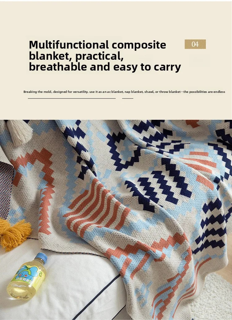 Bohemian Wave Throw Blanket - Ethnic Knit Sofa Blanket with Fringe | 130x170cm