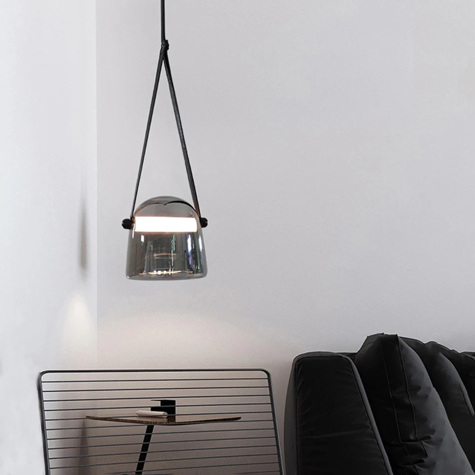 Designer Glass Pendant Light | Modern Chandelier with Leather Strap