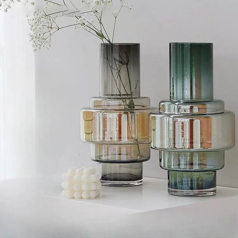 Gradient Geometric Glass Vase - Modern Minimalist Flower Vase for Living Room