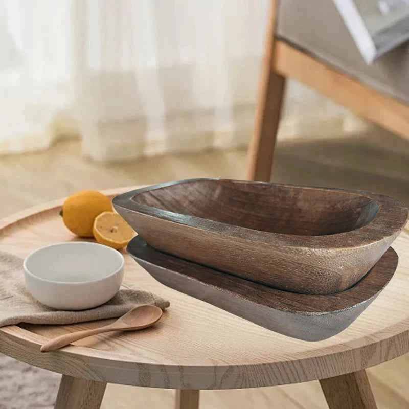 Wooden Dough Bowl Candle Tray Decorative Bowls Home Tabletop Decor Rectangular Fruit Bowl Kitchen Counter Rustic Carving