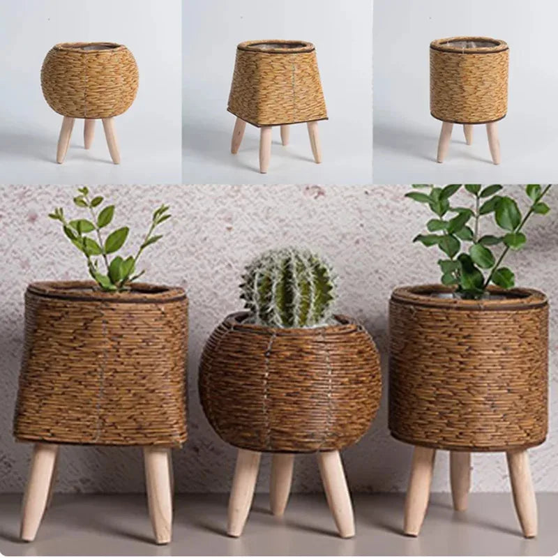 Rattan Woven Planter - Hand-Woven Flower Pot with Removable Legs for Indoor Plants