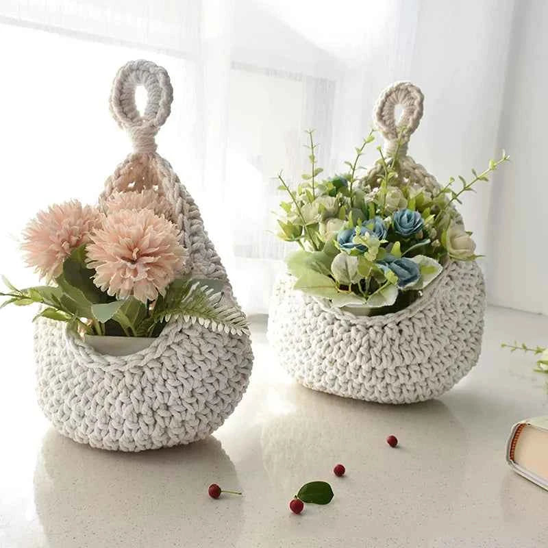 Hand Woven Storage Basket Cotton Rope Wall Hanging Basket for Fruit Vegetable Flower Kitchen Storage Organizer Home Decor