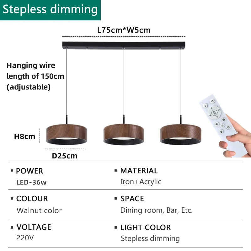 Nordic LED Pendant Light | Walnut Wood Grain Linear Chandelier