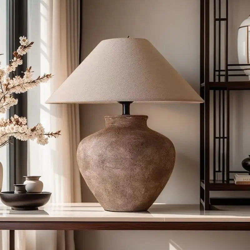 Ceramic Table Lamp - Wabi Sabi Pottery Bedside Lamp with Dimmable LED