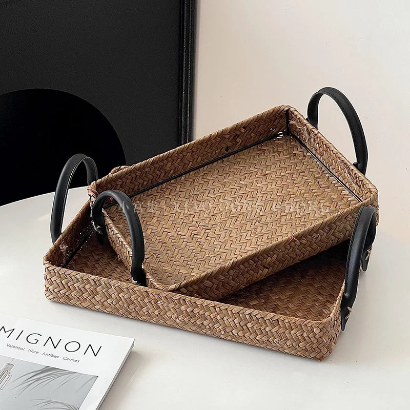 Rattan Tray with Handles - Woven Basket Tray for Tea, Food Styling & Decor