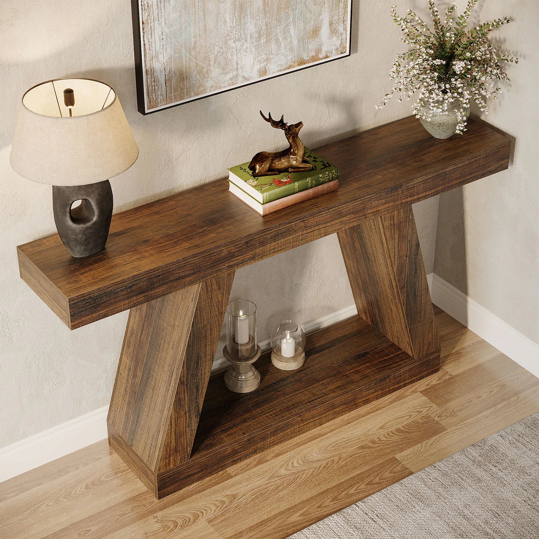 Rustic Console Table - 55" Industrial Wooden Entryway Table with Storage Shelves