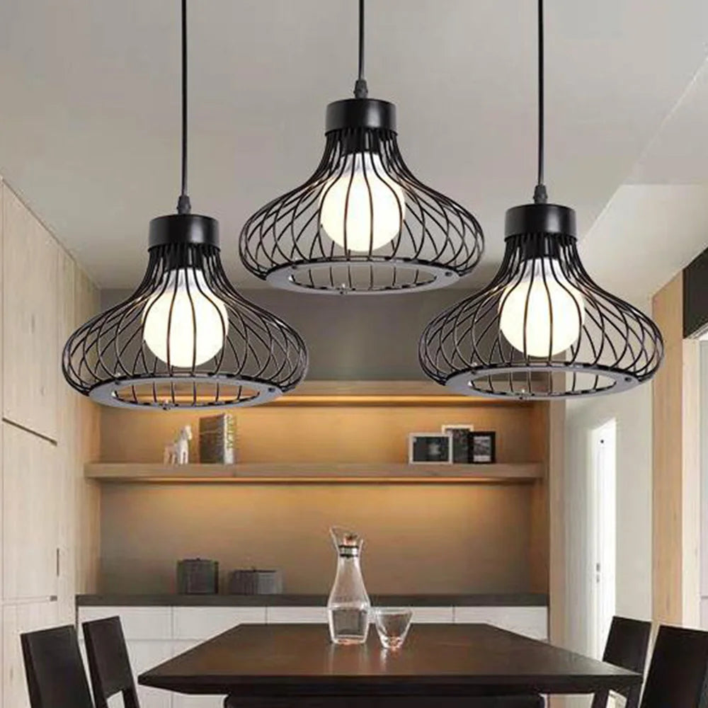 Vintage Industrial Pendant Light - Black Metal Cage Lamp Shade