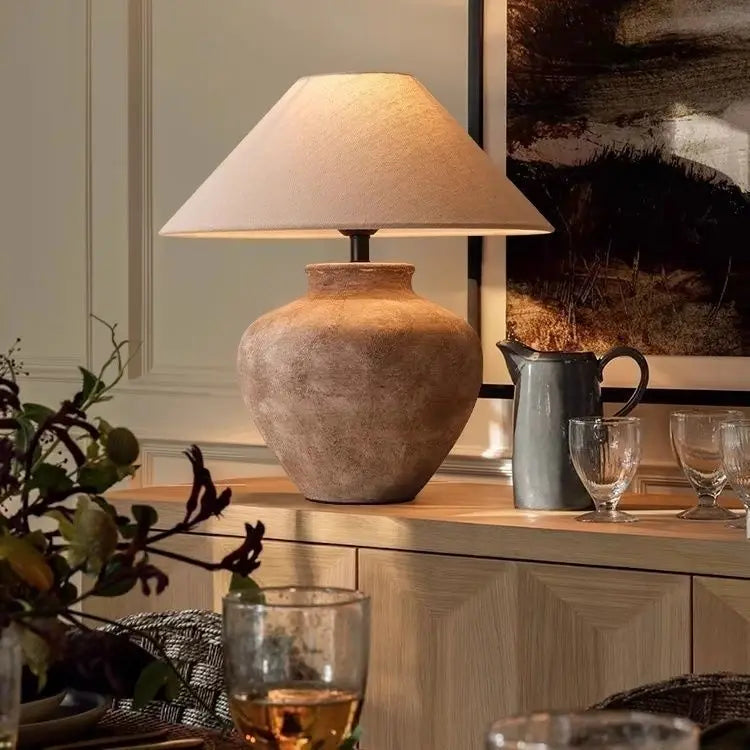 Ceramic Table Lamp - Wabi Sabi Pottery Bedside Lamp with Dimmable LED