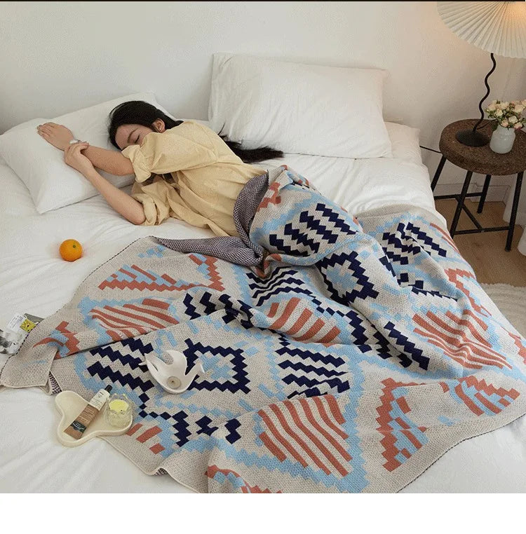 Bohemian Wave Throw Blanket - Ethnic Knit Sofa Blanket with Fringe | 130x170cm