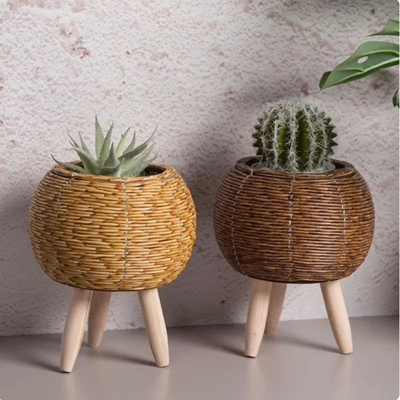 Rattan Woven Planter - Hand-Woven Flower Pot with Removable Legs for Indoor Plants