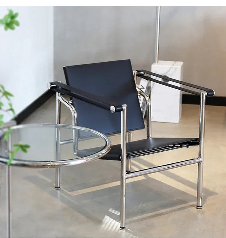 Bauhaus Lounge Chair - Corbusier Style Leather Armchair with Steel Frame