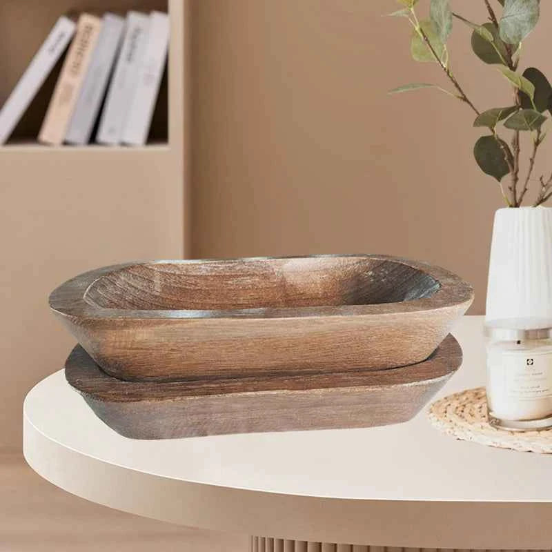 Wooden Dough Bowl Candle Tray Decorative Bowls Home Tabletop Decor Rectangular Fruit Bowl Kitchen Counter Rustic Carving
