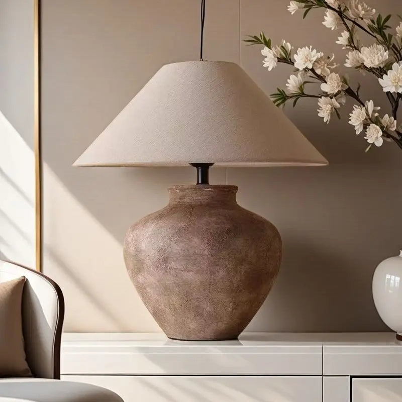 Ceramic Table Lamp - Wabi Sabi Pottery Bedside Lamp with Dimmable LED