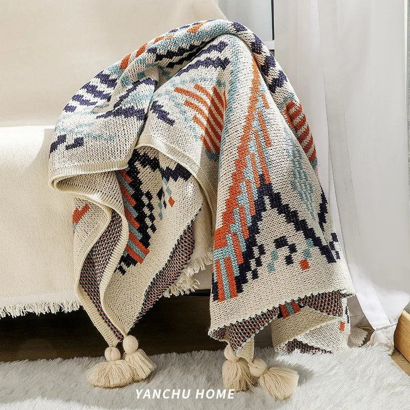 Bohemian Wave Throw Blanket - Ethnic Knit Sofa Blanket with Fringe | 130x170cm