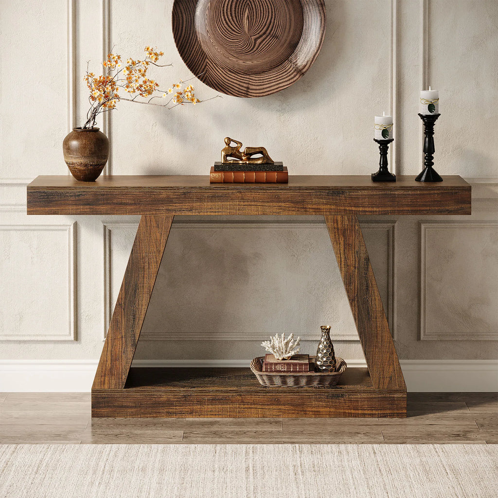 Rustic Console Table - 55" Industrial Wooden Entryway Table with Storage Shelves