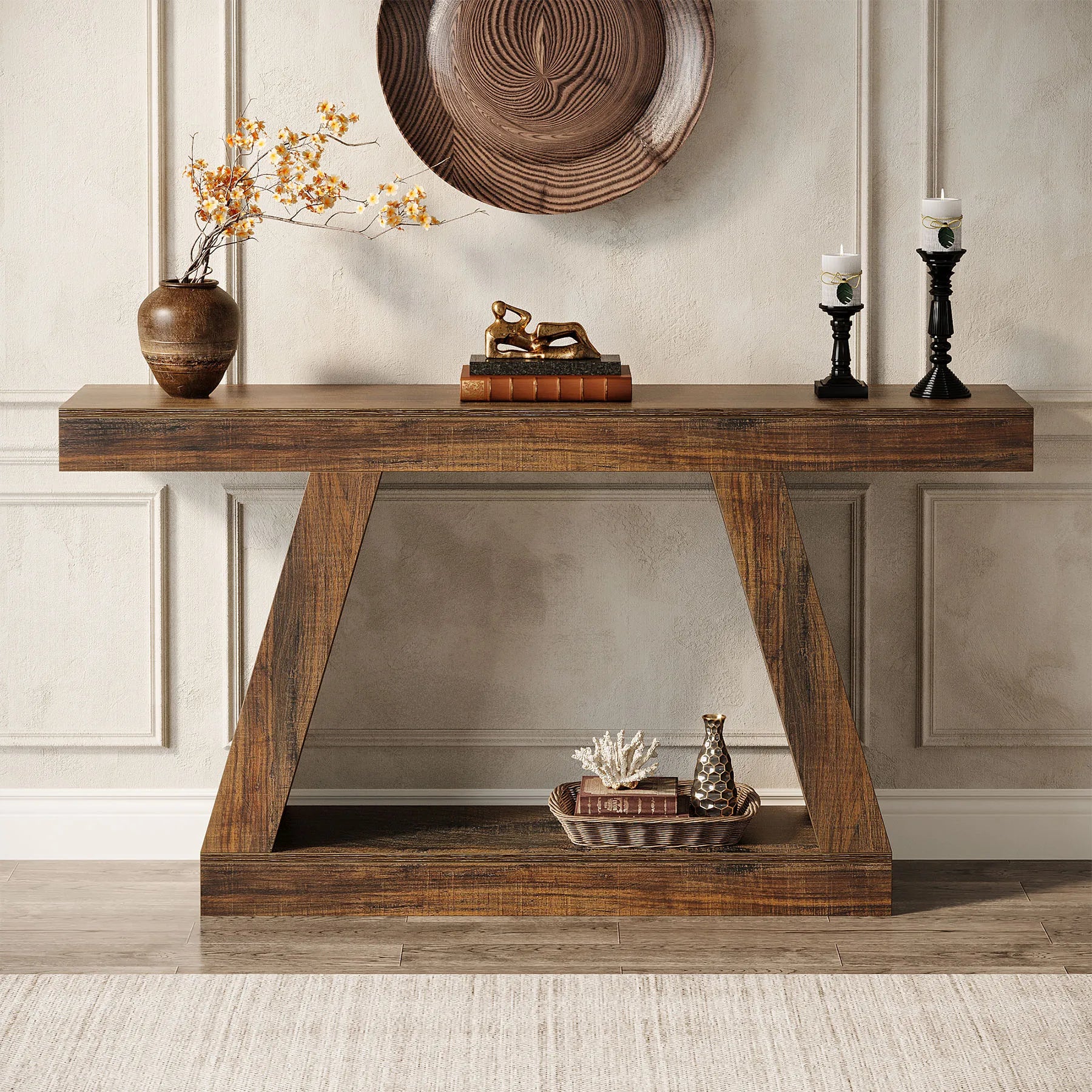 Rustic Console Table - 55" Industrial Wooden Entryway Table with Storage Shelves