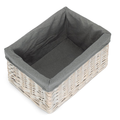 White Wash Wicker Storage Basket with Grey Liner | 4 Sizes (S/M/L/XL)