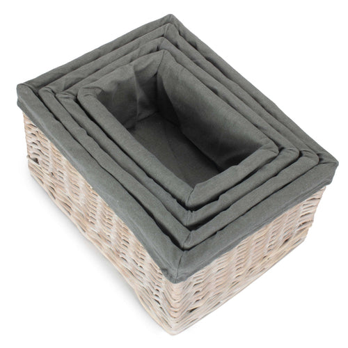 White Wash Wicker Storage Basket with Grey Liner | 4 Sizes (S/M/L/XL)