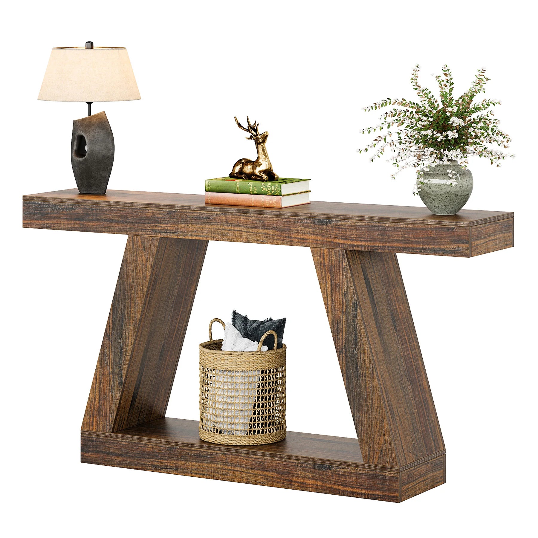 Rustic Console Table - 55" Industrial Wooden Entryway Table with Storage Shelves